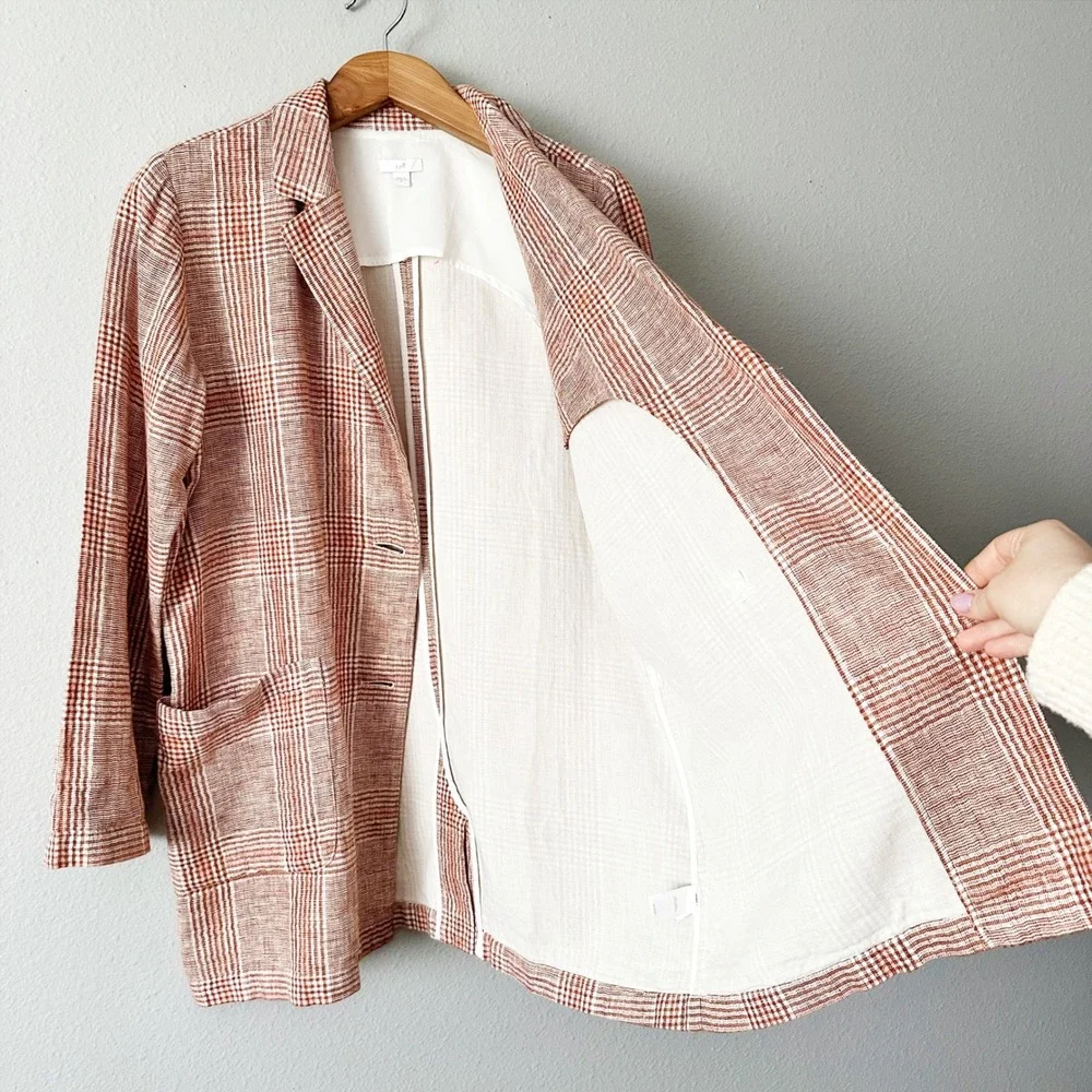 J. Jill Harper Henna Plaid Plaid Linen Cotton Oversize Blazer Jacket Size Medium - Picture 6 of 12
